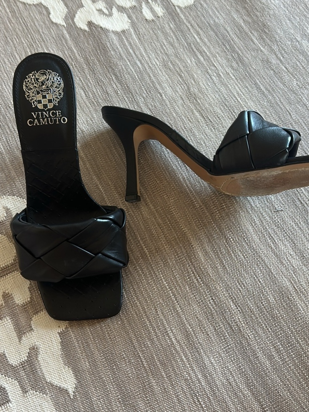 Vince Camuto Black Braided Leather High Heel Slide Mules